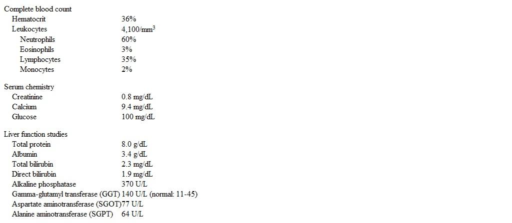 A 58-year-old woman comes to the office due to progressive fatigue over the last 2 years.  She has also experienced generalized pruritus, for which she has used different lotions over the past year, but she has had no chest pain, abdominal pain, diarrhea, or weight loss.  The patient takes lansoprazole for acid reflux, atorvastatin for hypercholesterolemia, and fosinopril for hypertension.  She received a blood transfusion following a motor vehicle collision several years ago.  The patient has no history of illicit drug use.  She was adopted and her biological history is unknown. Temperature is 36.7 C (98 F) , blood pressure is 144/89 mm Hg, and pulse is 78/min.  BMI is 27 kg/m<sup>2</sup>.  The patient appears healthy and well tanned although she denies sun exposure.  There is no scleral icterus.  Cardiac and pulmonary examinations are within normal limits.  There is mild hepatomegaly. Laboratory results are as follows:   Which of the following is most likely in this patient? A) Elevated antimitochondrial antibody titer B) Elevated ferritin level C) Heavy alcohol intake history D) Positive hepatitis C serology E) Resolution of symptoms with statin discontinuation