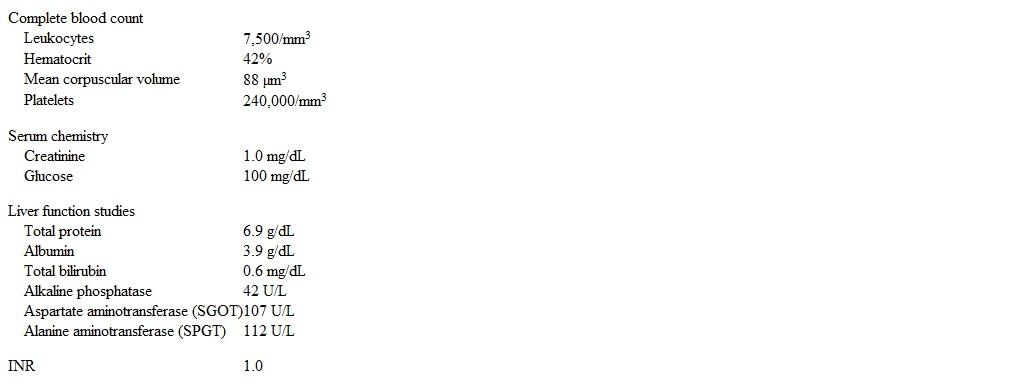 A 45-year-old man is evaluated for abnormal liver tests.  The patient has had no nausea, vomiting, diarrhea, or weight loss.  He has no significant medical problems, takes no medications, and has never been hospitalized or received blood transfusions.  The patient consumes 1 or 2 beers during the week and, occasionally, 4 to 6 beers on the weekend.  He does not smoke cigarettes or use illicit drugs.  The patient works in a warehouse and is monogamous with his wife. Vital signs are within normal limits.  BMI is 30 kg/m<sup>2</sup>.  There is no scleral icterus, lymphadenopathy, or rash.  The abdomen is soft and nontender without hepatosplenomegaly.  The remainder of the physical examination shows no abnormalities. The most recent laboratory results are as follows:   Repeat liver function testing shows similar results. What is the most appropriate next step in management of this patient? A) Advise 10% weight loss and repeat testing B) Check viral hepatitis serology C) Order a liver biopsy D) Recommend alcohol abstinence; repeat testing in 3 months E) Screen for celiac disease
