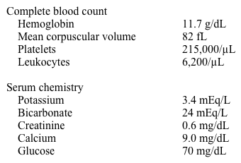 A 34-year-old woman comes to the physician with complaints of abdominal pain, bloating, and cramping for the past year.  Her bowel movements fluctuate between constipation for several days and then 3-4 loose bowel movements in a single day.  She often awakens at night with abdominal cramps followed by diarrhea and cannot fall back to sleep for hours.  Her symptoms are significantly affecting her life, and she says that stress at work may be the cause.  The symptoms are not exacerbated by any particular food and her appetite fluctuates.  The patient does not have weight loss, blood in the stool, or a poor energy level.  She has no medical problems and takes a daily multivitamin.  She does not use tobacco, alcohol, or illicit drugs. Her blood pressure is 100/52 mm Hg, pulse is 60/min, and respirations are 12/min.  Her BMI is 22 kg/m<sup>2</sup>.  Examination shows moist mucous membranes.  The abdomen is nontender without hepatosplenomegaly.  Rectal examination shows normal rectal tone and brown stool in the rectal vault that is guaiac negative. Laboratory results are as follows:   Which of the following is the most appropriate next step in management of this patient? A) Further diagnostic testing B) Low-dose tricyclic antidepressant C) Lubiprostone D) Reassurance and frequent office visits E) Rifaximin