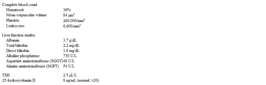 A 46-year-old woman comes to the office due to fatigue and generalized itching over the last 6 months.  She has no energy to accomplish her daily goals and sometimes feels depressed.  The patient takes pregabalin for fibromyalgia and diphenhydramine as needed for itching.  She does not use tobacco, alcohol, or illicit drugs.  Family history is notable for type 2 diabetes in her father and Graves disease in her mother. Blood pressure is 100/60 mm Hg, pulse is 74/min, and respirations are 14/min.  There are no rashes.  The abdomen is nontender with the liver edge palpable 4 fingerbreadths below the right costal margin.  There is no splenomegaly. Laboratory results are as follows:   This patient would benefit most from which of the following? A) Colchicine B) Etanercept C) High-dose prednisone D) Methotrexate E) Ursodeoxycholic acid