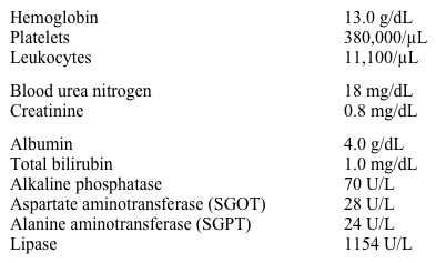 A 55-year-old man comes to the physician for follow-up after an episode of acute pancreatitis.  Four weeks ago, he presented to the hospital with severe epigastric pain and vomiting after an episode of binge drinking.  Ultrasound revealed no evidence of gallstones.  He was hospitalized for 3 days and tolerated oral feeds on the day of discharge.  He currently feels well and has a good appetite.  The patient reports mild fullness in the abdomen but no nausea or vomiting.  He has refrained from alcohol consumption.  His other medical problems include hypertension and gout. Vital signs are within normal limits.  There is mild tenderness in the epigastric region on deep palpation.  The remainder of the physical examination is within normal limits. Laboratory results are as follows:   Which of the following is the most likely diagnosis? A) Chronic pancreatitis B) Pancreatic cancer C) Pancreatic pseudocyst D) Peptic ulcer disease E) Recurrent acute pancreatitis