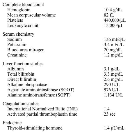 A 53-year-old woman comes to the hospital with right upper-quadrant abdominal discomfort and fatigue for the last 8 weeks.  She also complains of jaundice and generalized joint pain.  She has no nausea or vomiting.  Her past medical history is significant for hypothyroidism for which she takes levothyroxine.  Family history includes hypertension and ulcerative colitis.  The patient lives in Florida and has not traveled recently.  She does not use tobacco, alcohol, or illicit drugs. Her blood pressure is 166/90 mm Hg, pulse is 96/min, and respirations are 14/min.  Physical examination shows pale skin and scleral icterus.  Cardiopulmonary examination is within normal limits.  There is tenderness to palpation in the right upper quadrant.  The liver edge is palpable 3 cm below the costal margin.  There is no ascites, splenomegaly, or lower-extremity edema. Laboratory results are as follows:   Viral hepatitis antibody panel and HIV testing are negative.  Right upper-quadrant ultrasound shows hepatomegaly with normal liver echo texture and no gallstones.  The common bile duct measures 6 mm. Which of the following is the best initial test for this patient? A) Alpha-1 antitrypsin levels B) Anti-neutrophil cytoplasmic antibody C) Anti-smooth muscle antibody D) Anti-tissue transglutaminase antibodies E) Hepatitis C viral RNA assay