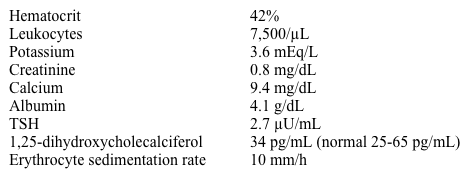 A 79-year-old man comes to the physician for follow-up 6 months after hospitalization for acute decompensated heart failure.  He reports mild fatigue, weakness, and frequent muscle cramps but no shortness of breath.  The patient has non-ischemic cardiomyopathy with a left ventricular ejection fraction of 40%.  His medications include carvedilol (25 mg twice daily) , lisinopril (20 mg daily)  and furosemide (80 mg daily) .  He also takes daily lansoprazole for non-ulcer dyspepsia. Blood pressure is 122/80 mm Hg and pulse is 78/min.  Jugular venous pressure is estimated at 5 cm H<sub>2</sub>O.  The lungs are clear to auscultation bilaterally.  Peripheral pulses are 2+ bilaterally with trace peripheral edema.  Neuromuscular examination shows 5/5 muscle strength in both upper and lower extremities, mildly increased reflexes, and no muscle tenderness. Laboratory results are as follows:   Which of the following is the best next step in evaluation of this patient's symptoms? A) Arterial Doppler study B) Magnesium level C) Parathyroid hormone level D) Serum creatine kinase level E) Serum iron and ferritin levels