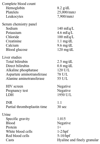 A 45-year-old woman comes to the physician with headache, trouble concentrating, and fatigue.  She is a clerk at a high-end retail clothing store.  She has had a mild, generalized headache for a week and finds it difficult to concentrate and maintain focus at work.  The patient has also had progressive fatigue that is making it difficult to work and carry out daily activities.  She has had heavy menses and taken iron supplements in the past.  Two months ago, she got a sunburn on her face and arms while on vacation in Florida.  The patient drinks 2-3 alcoholic beverages a week and has a 10-pack-year smoking history.  She takes no prescribed or over-the-counter medications. Her temperature is 36.7 C (98 F) , blood pressure is 136/84 mm Hg, pulse is 90/min, and respirations are 16/min.  She does not appear to be in acute distress.  Her neck is supple.  Cardiac, pulmonary, abdominal, and neurologic examinations are all within normal limits. Laboratory results are as follows:   Direct Coombs test is negative and a blood smear shows hypochromic cells, few reticulocytes, and schistocytes. Which of the following is the best next step in management of this patient? A) Anti-nuclear antibody screen and rheumatoid factor B) Anti-phospholipid antibody screen C) Bone marrow biopsy D) High-dose corticosteroids E) Plasma exchange