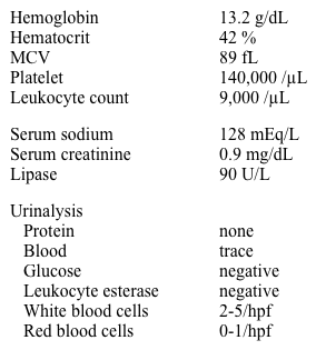 A 36-year-old woman comes to the physician because of abdominal pain for the last two days, which she attributes to a urinary infection.  She had one episode of vomiting in the morning and she also complains of sweating and restlessness.  She states that she sometimes experiences these attacks after 'her urine turns dark.'  Previous trips to the emergency department for abdominal pain were treated with pain killers.  A previous CT scan was normal during a past episode of abdominal pain.  Two years ago, she was treated for Trichomonas vaginalis infection.  She has chronic constipation and takes over-the-counter laxatives. Her past medical history is otherwise unremarkable.  She is sexually active with one partner, and she has been taking oral contraceptive agents on and off over the last several years.  She is trying to lose weight by following a low-calorie, low-carbohydrate diet. Her temperature is 36.7 C (98 F) , blood pressure is 165/97 mm Hg, and pulse is 112/min and regular.  Her BMI is 29 kg/m<sup>2</sup>.  Her abdomen is soft with mild diffuse tenderness and no rebound tenderness or rigidity.  There is no costovertebral angle tenderness. Bimanual pelvic examination is unremarkable.  Laboratory results are as follows:   Urine pregnancy test is negative.  Abdominal flat plain film is unremarkable. Which of the following is the most likely diagnosis? A) Acute intermittent porphyria B) Opioid-seeking behavior C) Pelvic inflammatory disease D) Pheochromocytoma E) Struvite kidney stones