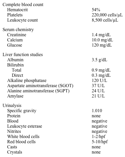 A 60-year-old immigrant from India comes to the physician because of intermittent fevers and weight loss over the last 3 months.  For the past 10 days, he has also experienced a dull ache in the right side of his abdomen.  He considered himself healthy until 3 months ago.  He denies anorexia, vomiting, diarrhea, jaundice, or dysuria.  His past medical history is unremarkable. His temperature is 37.9 C (100.2 F) , blood pressure is 128/82 mm Hg, and pulse is 84/min.  His BMI is 22 kg/m<sup>2</sup>.  Pulse oximetry shows oxygen saturation of 97% on room air.  His mucous membranes are moist.  Cardiopulmonary examination is normal.  There is no hepatosplenomegaly, but there is some pain to deep palpation in the right flank. Laboratory results are as follows:   Which of the following is the most likely diagnosis? A) Nephrolithiasis B) Perinephric abscess C) Renal cell cancer D) Renal schistosomiasis E) Renal tuberculosis