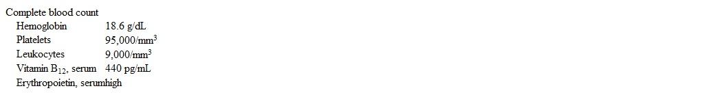 A 60-year-old man comes to the office due to 6 months of exertional dyspnea and occasional headaches.  He has had no chest pain, lightheadedness, or syncope.  The patient injured his knee 8 months ago and required arthroscopic ligament repair.  Due to restricted physical activity after surgery, he has gained 4.5-6.8 kg (10-15 lb) .  He also has a history of gastroesophageal reflux disease and seasonal allergies.  The patient was a heavy smoker but quit a year ago after being hospitalized with community-acquired pneumonia.  He drinks 6 beers daily and occasionally more on weekends. Blood pressure is 145/100 mm Hg, pulse is 95/min, and oxygen saturation is 93% on room air.  BMI is 34 kg/m<sup>2</sup>.  Cardiopulmonary auscultation reveals no abnormalities.  A smooth liver edge is palpated 2 cm below the right costal margin.  The tip of the spleen is palpable with deep inspiration.  There is no peripheral edema. Laboratory results are as follows:   Repeat hemoglobin level is 18.5 g/dL. Which of the following is most likely to establish the cause of polycythemia in this patient? A) Blood volume estimation B) Bone marrow biopsy C) CT scan of the abdomen with contrast D) JAK2 mutation testing E) Post-exercise and nocturnal oxygen saturation