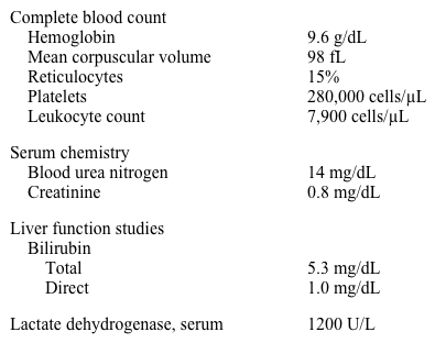 A 23-year-old African American man returns to the physician because of jaundice, dark urine, and fatigue.  He was seen in the clinic 4 days ago for sinusitis and was prescribed trimethoprim-sulfamethoxazole.  He reports that his sinus symptoms have improved.  He has no other medical problems and takes no other medications.  He does not use tobacco, alcohol, or illicit drugs. Vitals signs are normal.  Physical examination shows scleral icterus.  Abdominal examination is unremarkable with no evidence of hepatosplenomegaly. Laboratory results are as follows:   Peripheral blood smear shows many bite cells.  Direct and indirect Coombs' test is negative.  Red blood cell glucose-6-phosphate dehydrogenase level is normal. Which of the following is the most likely cause of his anemia? A) Autoimmune hemolytic anemia B) Glucose-6-phosphate dehydrogenase deficiency C) Paroxysmal nocturnal hemoglobinuria D) Pyruvate kinase deficiency E) Microangiopathic hemolytic anemia