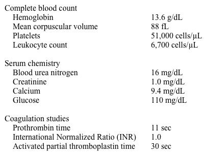 A 28-year-old woman comes to the physician because of a low platelet count incidentally discovered on routine blood work.  She was recently seen by a psychiatrist for depression.  She admits to depressed mood, easy fatigability, insomnia, and feelings of worthlessness for the past 6 months.  She denies any history of bleeding problems.  She does not take any medications, including herbal products or dietary supplements.  She denies recent travel, vaccinations, or infections.  She does not use tobacco, alcohol, or illicit drugs.  She is not currently sexually active and denies ever being pregnant.  There is no family history of bleeding disorders or cancer. Her vital signs are within normal limits.  Complete physical examination is unremarkable. Laboratory results are as follows:   Peripheral blood smear shows thrombocytopenia, giant platelets, and an absence of platelet clumping.  Red and white blood cell morphology is within normal limits. Testing for HIV is negative. Which of the following is the most appropriate next step in management for her thrombocytopenia? A) Anti-platelet antibody testing B) Bone marrow biopsy C) Oral corticosteroids D) Observation and laboratory follow-up E) Splenectomy