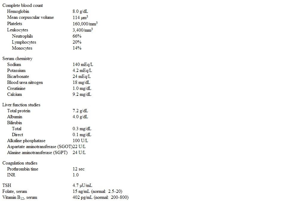 A 73-year-old man comes to the office due to 2 months of worsening fatigue.  The patient used to walk 1-2 miles each day but recently began having difficulty covering this distance.  He has had no chest pain, shortness of breath, fever, joint pain, or abdominal issues.  The patient underwent coronary artery bypass grafting 5 years ago.  His other medical problems include hypothyroidism, hypertension, hyperlipidemia, and benign prostatic hyperplasia.  He quit smoking 10 years ago and drinks 1 or 2 glasses of wine with dinner almost every day.  His medications include aspirin, levothyroxine, atorvastatin, tamsulosin, metoprolol, and lisinopril. Temperature is 37 C (98.6 F) , blood pressure is 130/80 mm Hg, pulse is 78/min, and respirations are 14/min.  Pulse oximetry shows 98% on room air.  BMI is 29 kg/m<sup>2</sup>.  Examination reveals mucosal pallor.  There is no jugular venous distension, thyromegaly, or lymphadenopathy.  The lungs are clear to auscultation.  No hepatosplenomegaly or peripheral edema is present.  Neurological examination is unremarkable. Laboratory results are as follows:   Peripheral blood smear shows ovalomacrocytic red cells and reduced granulocyte segmentation.  Complete blood count was normal a year ago.  Colonoscopy was normal 5 years ago. Which of the following is the most appropriate next step in management of this patient? A) Abstinence from alcohol and repeat blood count in 3 months B) Bone marrow biopsy C) Increase in levothyroxine dose D) Methylmalonic acid levels E) Serum and urine protein electrophoresis