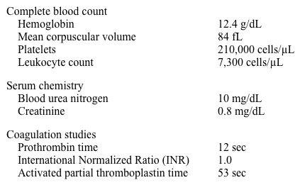 A 30-year-old woman comes to the physician for a follow-up evaluation after a recent hospitalization.  She was admitted to the hospital two weeks ago with abdominal pain and bloody diarrhea, and she improved markedly with antibiotics and intravenous hydration.  She was told to follow-up with her physician regarding abnormal laboratory results obtained during her hospitalization.  She currently has no symptoms and denies prior chronic medical problems.  She does not smoke or drink alcohol. Examination shows no abnormalities. Today's laboratory results are as follows:   The laboratory studies at the time of hospital discharge showed similar results. Which of the following is the most appropriate next step in management? A) Factor VIII and IX levels B) Liver function tests C) Lupus anticoagulant testing D) Plasma mixing study E) Vitamin K replacement