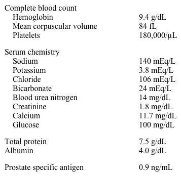 A 63-year-old man comes to the physician because of back and neck pain for the last 2 months.  He takes over-the-counter acetaminophen and ibuprofen with adequate pain relief; however, the pain has recently begun to disturb his sleep.  He denies weight loss, night sweats, and joint swelling.  He has no other medical problems.  His father was diagnosed with prostate cancer at the age of 65 and died from metastatic disease. His blood pressure is 112/72 mm Hg and pulse is 89/min.  There is no peripheral lymphadenopathy.  The liver span is 11 cm and the spleen is not palpable.  There is no spinal deformity or percussion tenderness.  There are no skin rashes.  The prostate is mildly enlarged and rubbery. Laboratory results are as follows:   Radiographs of the lumbar spine show multiple lytic lesions and a compression fracture of the L3 vertebra.  Serum protein agar gel electrophoresis and immunofixation do not reveal an M-spike. Which of the following is the most appropriate next step in managing this patient? A) Bone marrow biopsy B) CT scan of the chest, abdomen, and pelvis C) ESR and complement levels D) Prostate biopsy E) Urine immunofixation