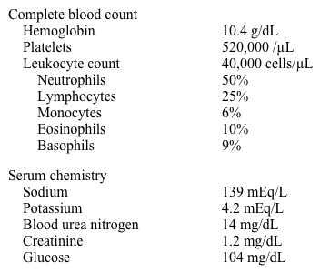 A 57-year-old man comes to the physician because of fatigue, abdominal discomfort, and poor appetite.  He denies changes in his bowel function or urinary habits.  He has lost approximately 10 lbs (4.5 kg)  in the past month.  Family history is not significant. His blood pressure is 133/70 mm Hg and pulse is 76/min.  Examination shows intact skin on the extremities.  Breath sounds are normal.  His liver is palpable 3 cm below the costal margin.  There is moderate splenomegaly.  There is no lymphadenopathy. Laboratory results are as follows:   The peripheral smear shows predominantly myelocytes and polymorphonuclear neutrophils.  A bone marrow biopsy shows a hypercellular marrow with 7% blasts. This patient is most likely to benefit from which of the following? A) All-trans retinoic acid plus anthracycline-based chemotherapy B) Fludarabine-based chemotherapy C) Lenalidomide and prednisone D) Monoclonal anti-CD20 antibody E) Tyrosine kinase inhibitor