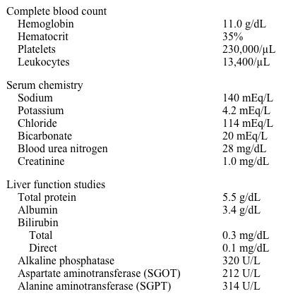 A 51-year-old man comes to the physician after recently returning from a trip to Bangladesh.  He reports 1 week of fever and left lower-quadrant abdominal pain.  His medical problems include type 2 diabetes mellitus and hypertension.  The patient does not use tobacco, alcohol, or illicit drugs.  His current medications include metformin and lisinopril.   His temperature is 103° F (39.4 C) , blood pressure is 120/70 mm Hg, pulse is 72/min, and respirations are 14/min.  Examination shows an uncomfortable-appearing man in no acute distress.  There is an erythematous, macular, patchy rash across his lower abdomen.  The abdomen is soft with left lower-quadrant tenderness.  There is no rebound tenderness or involuntary guarding.  The remainder of the examination is unremarkable. Laboratory results are as follows:   Which of the following is the most likely diagnosis? A) Dengue fever B) Leptospirosis C) Malaria D) Typhoid fever E) Viral hepatitis