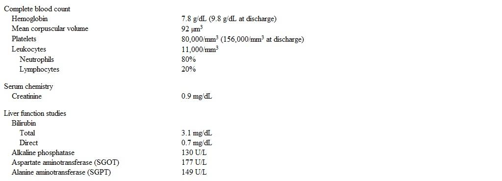 A 60-year-old man comes to the office due to fever, shaking chills, diaphoresis, severe muscle pains, nausea, headache, and dark urine for the past 3 days.  His other medical problems include chronic obstructive pulmonary disease (COPD) , hypertension, and hyperlipidemia.  The patient was admitted to the hospital 3 weeks ago for COPD exacerbation.  His hospital course was complicated by bright red blood per rectum, for which he received 3 units of packed red blood cells.  The bleeding stopped spontaneously and was attributed to diverticulosis.  The patient's daily medications include hydrochlorothiazide, albuterol, and simvastatin.  He just completed a 3-week corticosteroid taper.  He lives in Rhode Island. The patient's temperature is 39.8 C (103.6 F) , blood pressure is 106/64 mm Hg, pulse is 108/min, and respirations are 18/min.  Physical examination shows no skin rashes or joint swelling.  There is no lymphadenopathy.  His lungs are clear to auscultation.  Heart sounds are normal.  The remainder of the examination is unremarkable. Laboratory results are as follows:   Coagulation studies are normal.  Urinalysis and microscopy are positive for urobilinogen and negative for blood and erythrocytes.  Chest x-ray reveals no infiltrates. Which of the following would be the most helpful for making the diagnosis in this patient? A) Blood culture B) Coombs test C) Hemoglobin electrophoresis D) Peripheral blood smear examination E) Viral hepatitis serologies