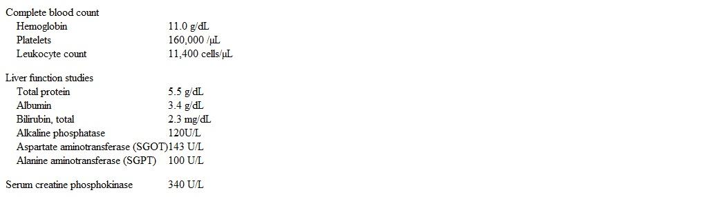 A 29-year-old man comes to the physician because of high fevers, headache, and muscle pains mainly in the lower back and thighs.  His symptoms began abruptly 2 days ago.  He returned from a two-week vacation in Costa Rica 6 days ago, and did not receive any vaccinations prior to travel.  During his trip, he ate local foods, drank alcohol, visited the beach, and participated in a 4-day river rafting excursion.  He denies any sick contacts and reports no direct contact with animals.  He has no past medical history. His temperature is 39.4 C (103 F) , blood pressure is 120/70 mm Hg, pulse is 90/min, and respirations are 14/min.  Examination reveals an uncomfortable appearing man in no acute distress.  His skin is warm and flushed, but there is no rash.  Eye examination reveals bilateral redness of the conjunctiva.  There is no lymphadenopathy.  The abdomen is soft with mild right upper quadrant tenderness.  The liver edge is palpable 2 cm below the costal margin.  There is no rebound tenderness or involuntary guarding.  There is tenderness over the lumbar paraspinal muscles bilaterally.  The remainder of the examination is unremarkable. Laboratory results are as follows:   Urinalysis shows 10-20 WBC/hpf and 2+ proteinuria. Which of the following is the most likely cause of this patient's illness? A) Alcoholic hepatitis B) Dengue fever C) Ehrlichiosis D) Hepatitis A Infection E) Leptospirosis