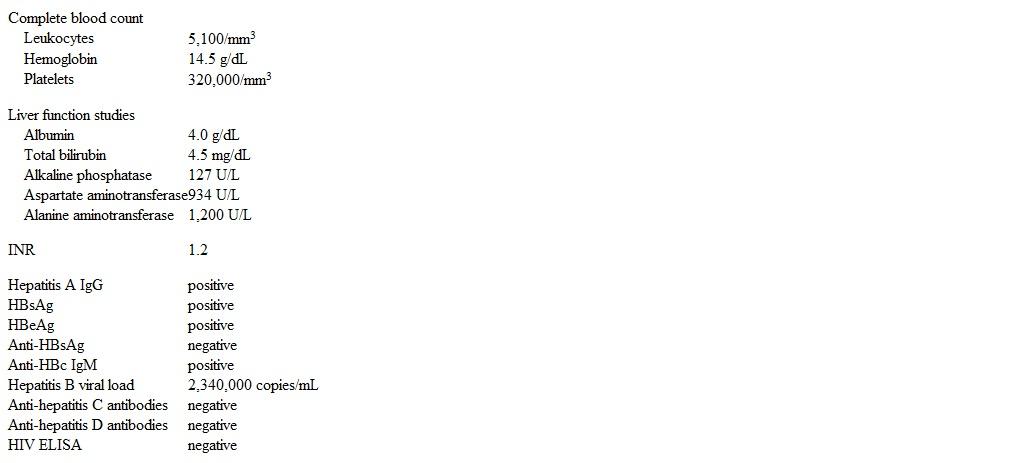 A 32-year-old man comes to the office due to a week of nausea and generalized fatigue.  He has no chronic medical problems and recently donated blood.  He does not use alcohol or illicit drugs but smokes marijuana occasionally.  The patient has been sexually active with multiple partners and does not use condoms consistently. Blood pressure is 122/76 mm Hg and pulse is 78/min.  BMI is 35 kg/m<sup>2</sup>.  There is mild scleral icterus with no jaundice.  The lymph nodes are not enlarged.  Chest examination is unremarkable.  The liver and spleen cannot be palpated due to obesity.  Neurological examination shows no focal deficits. Laboratory results are as follows:   Which of the following is the most appropriate next step in management of this patient? A) Hepatitis B immune globulin and vaccination B) Sofosbuvir and velpatasvir combination therapy C) Supportive care only D) Tenofovir monotherapy E) Transcutaneous liver biopsy