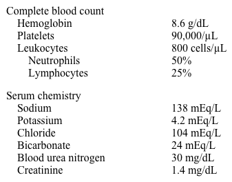 A 64-year-old woman comes to the emergency department with a 3-day history of intermittent fever, cough with blood-tinged sputum, night sweats, and generalized malaise.  She also reports right-sided chest pain on deep inspiration over the last 24 hours.  The patient was diagnosed with breast cancer and is undergoing combination chemotherapy.  Her other medical problems include moderate chronic obstructive pulmonary disease and hypothyroidism. Her temperature is 38.2 C (100.8 F) , blood pressure is 107/64 mm Hg, pulse is 110/min, and respirations are 18/min.  Pulse oximetry is 93% on room air.  Physical examination is notable for pale conjunctiva.  Lung examination shows scattered rhonchi, and cardiac examination is significant for tachycardia without murmurs.  The abdomen is soft and nontender without organomegaly.  There are no skin rashes. Laboratory results are as follows:   The patient is started on vancomycin and piperacillin/tazobactam and fails to improve clinically after 3 days of treatment.  Computed tomography scan of the chest shows several small (1-2 cm)  nodular lesions scattered throughout the lung with surrounding ground-glass attenuation. Blood and sputum cultures are negative, and bronchoscopy and bronchoalveolar lavage are performed for cultures and cytology. Which of the following is the best next step in management of this patient? A) Amphotericin B B) High-dose intravenous corticosteroids C) Isoniazid, rifampin, ethambutol, and pyrazinamide D) Linezolid E) Voriconazole