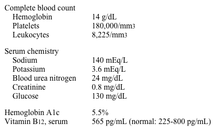 A 60-year-old man is brought to the office due to difficulty walking.  He reports being  weak  and describes occasional brief episodes of intense back pain.  Review of systems is negative for constitutional, pulmonary, cardiac, genitourinary, or other neurologic symptoms, including memory concerns.  He has no known medical problems except for a remote history of treated pulmonary tuberculosis.  The patient recently emigrated from China to the United States to live with his daughter after his wife died.  His daughter says that he is afraid of doctors and has not been evaluated for many years.  He does not use tobacco, alcohol, or recreational drugs. Blood pressure is 138/64 mm Hg and pulse is 74/min.  Lung examination is normal.  Cardiac auscultation reveals an early diastolic murmur in the aortic area.  The abdomen is soft and nontender.  Rectal examination shows an unremarkable prostate and normal rectal tone.  Motor strength is normal.  Bilateral lower extremity reflexes are diminished, and vibration and position sensation is decreased.  The patient's gait is unsteady and broad-based. Laboratory results are as follows:   ECG shows normal sinus rhythm.  Chest x-ray reveals left upper lobe scarring, widened mediastinum, and calcifications of the ascending aorta and aortic arch. Which of the following is most helpful in establishing the diagnosis? A) CT scan of the head B) Heavy metal screening C) Interferon-gamma release assay D) Serum protein electrophoresis E) Treponema pallidum enzyme immunoassay