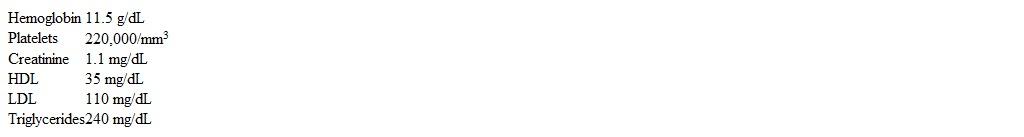 A 67-year-old woman comes to the office after a recent hospitalization.  She had abrupt onset of right arm weakness and difficulty speaking a week ago while playing cards with friends.  The patient's friends called 911, but her symptoms had resolved completely by the time she arrived at the hospital. MRI of the brain showed no acute abnormalities.  A carotid ultrasound showed 60% stenosis in the left internal carotid artery and 50% stenosis in the right internal carotid artery.  ECG showed normal sinus rhythm with occasional atrial premature beats, and 48 hours of telemetry monitoring was unrevealing.  Echocardiogram showed mild left atrial enlargement, mild left ventricular hypertrophy, and normal left ventricular systolic function. Since discharge, the patient has had no recurrence of symptoms and has been able to resume her normal daily activities.  Her other medical problems include hypertension and hyperlipidemia.  She has no history of angina or coronary artery disease.  Medications include lisinopril, metoprolol, amlodipine, and aspirin. Temperature is 36.7 C (98 F) , blood pressure is 125/70 mm Hg, and pulse is 78/min; BMI is 26 kg/m<sup>2</sup>.  Estimated jugular venous pressure is 8 cm H<sub>2</sub>O.  There is normal S1 and S2 with a 2/6 ejection-type murmur at the right upper sternal border.  Peripheral pulses are 2+ and no edema is present.  The cranial nerves are intact and deep-tendon reflexes are normal.  Muscle strength is symmetrically intact. Laboratory results are as follows:   Which of the following would be the most appropriate next step to prevent future neurovascular events in this patient? A) Carotid endarterectomy B) Clopidogrel C) Niacin D) Statin therapy E) Warfarin anticoagulation