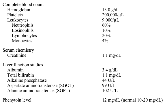 A 67-year-old man comes to an urgent care clinic with skin rash and malaise over the last several days.  He has a history of hypertension and suffered an ischemic stroke 2 years earlier.  One month ago, he had an episode of new-onset tonic-clonic seizures and was hospitalized for 2 days.  MR imaging of the brain during that admission showed no intracranial mass lesion.  Electroencephalogram done at that time was normal.  His current medications include aspirin, rosuvastatin, valsartan, amlodipine, and phenytoin.  He does not use tobacco, alcohol, or illicit drugs. The patient's temperature is 38.2 C (100.8 F) , blood pressure is 120/80 mm Hg, and pulse is 85/min.  Oral examination shows mild pharyngeal erythema but no mucosal ulcerations.  There are numerous and diffuse erythematous macules and papules present on the trunk and proximal extremities.  Enlarged lymph nodes are palpated in the cervical, axillary, and inguinal areas.  The remainder of the examination is within normal limits. Laboratory results are as follows:   What is the best next step in management of this patient? A) Bone marrow biopsy B) Contact isolation C) Discontinuation of phenytoin D) Hepatitis viral panel E) Lumbar puncture
