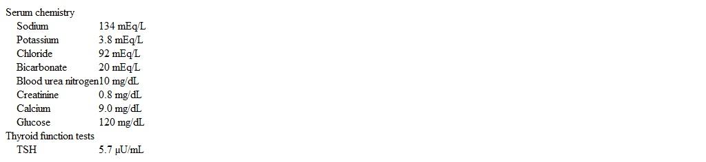 A 27-year-old woman, gravida 1 para 0, at 8 weeks gestation comes to the office due to nausea, dizziness, and heartburn.  The nausea started at the beginning of the pregnancy and has increased over the last 3 weeks.  The patient has had no vomiting, abdominal pain, or diarrhea.  She has gained 1.5 kg (3.3 lb)  during the pregnancy.  Medical conditions include type 1 diabetes mellitus and hypothyroidism.  Medications include an insulin pump, levothyroxine, and a daily prenatal vitamin.  The dose of levothyroxine has not been changed in over 2 years.  The patient's diabetes mellitus is well controlled; the most recent hemoglobin A1c was 6.4%.  Her sister has type 1 diabetes mellitus and Graves disease, and her mother has hypothyroidism. Blood pressure is 110/80 mm Hg, pulse is 94/min, and respirations are 18/min.  Examination shows no abnormalities. Laboratory results are as follows:   Which of the following is the best next step in management of this patient? A) Decrease the dose of levothyroxine and repeat thyroid function test in 4-6 weeks B) Increase the dose of levothyroxine and repeat thyroid function test in 4-6 weeks C) Measure free T4 and adjust the dose of levothyroxine accordingly D) Measure total T3 and adjust the dose of levothyroxine accordingly E) No change in levothyroxine dose and repeat thyroid function test in 4-6 weeks