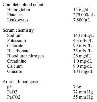 A 42-year-old man comes to the physician with complaints of daytime sleepiness, dyspnea on exertion, and impaired concentration.  His other medical problems include hypertension and type 2 diabetes mellitus. His temperature is 36.1° C (97° F) , blood pressure is 162/85 mm Hg, pulse is 92/min, and respirations are 14/min.  His BMI is 40 kg/m<sup>2</sup>.  The patient's pulse oximetry is 94% on room air.  Examination shows jugular venous distention, clear lung fields, loud second heart sound, and 2+ pretibial edema bilaterally. Laboratory results are as follows:   Chest x-ray shows low lung volumes but is otherwise unremarkable.  Spirometry shows a FEV<sub>1</sub> of 70% of predicted and a FEV<sub>1</sub>/FVC ratio of 90%.  Transthoracic echocardiography is limited by body habitus but shows mild right ventricular enlargement. Which of the following is the best initial therapy for this patient? A) Acetazolamide B) Appetite suppressant C) Chronic oxygen therapy D) Positive-pressure ventilation E) Structured exercise program