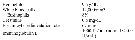 A 20-year-old man with known cystic fibrosis is evaluated for productive cough, dyspnea, and malaise that have progressively worsened over the last 3 months.  He describes daily brownish sputum production and episodes of wheezing/chest tightness partially relieved by albuterol inhaler.  One month ago, he was hospitalized and treated with intravenous antibiotics.  He received saline nebulizer, azithromycin, inhaled tobramycin, and chest physiotherapy.  The patient has no other medical problems.  His medications include dornase alfa, pancrelipase, hypertonic saline therapy, and a short-acting albuterol inhaler as needed. His temperature is 36.6° C (98° F)  and BMI is 20 kg/m<sup>2</sup>.  Examination shows pale conjunctivae.  There are bilateral scattered rhonchi and wheezes with prolonged expiration on auscultation. Laboratory results are as follows:   Chest x-ray shows new bilateral patchy upper-lobe infiltrates compared to prior x-rays. Which of the following is the most likely diagnosis? A) Allergic bronchopulmonary aspergillosis B) Atypical mycobacterial infection C) Churg-Strauss syndrome D) Drug-induced eosinophilic pneumonia E) Sarcoidosis