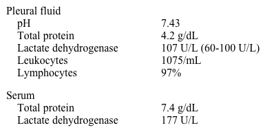 A 57-year-old man comes to the physician with 3 months of cough, night sweats, and subjective fevers.  He has been feeling  run down.   The patient emigrated from India 26 years ago and has not travelled recently.  He had a negative tuberculin skin test 6 months ago performed at work. Lung examination is significant for reduced breath sounds with dullness to percussion on the left. Chest imaging reveals a moderate left-sided pleural effusion with bulky mediastinal lymphadenopathy.  A thoracentesis shows turbid white fluid.  Laboratory results are as follows:   Which of the following tests performed on pleural fluid would help identify the cause of the effusion? A) Amylase B) Bacterial culture C) Brain natriuretic peptide D) Total cholesterol E) Triglycerides