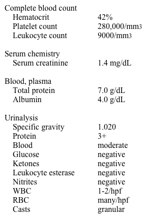 A 39-year-old man seeks care for his third episode of gross hematuria.  His first episode occurred shortly after onset of an upper respiratory infection 2 years ago.  His most recent episode started about 5 days ago.  Both episodes lasted 5-10 days and were not associated with either flank or abdominal pain.  The episodes had accompanying mild dysuria.  There were no blood clots passed.  He has no other medical problems.  He takes no medication.  There is no family history of kidney disease. His blood pressure is 132/90 mm Hg, pulse is 72/min, and respirations are 12/min.  Physical examination shows no significant abnormalities. The patient's laboratory studies show:   Using phase-contrast microscopy, the pathologist finds several dysmorphic red blood cells in the urine.  Which of the following is the most appropriate next step in management? A) Antibasement membrane antibody test B) Cystoscopy C) Kidney CT scan D) Quantitative assessment of glomerular filtration rate and proteinuria E) Urine cytology