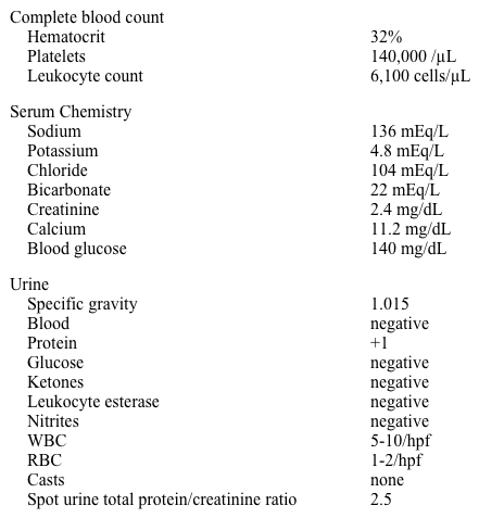 A 68-year-old African American man is evaluated for several weeks of progressive fatigue.  His other complaints include abdominal discomfort, lower extremity edema, and chronic dry cough.  He has not experienced fever, chills, or weight loss.  He has a history of type 2 diabetes mellitus diagnosed 5 years ago, hypertension, and hyperlipidemia.  Current medications include amlodipine, lisinopril, metformin, glyburide, and rosuvastatin. His temperature is 37.1 C (98.8 F) , blood pressure is 165/92 mm Hg, pulse is 84/min, and respirations are 16/min.  Examination shows a 2/6 systolic ejection murmur along the left sternal border without radiation and 2+ pretibial edema bilaterally. Laboratory results are as follows:   Chest X-ray shows mild cardiomegaly and small bilateral pleural effusions. Which of the following is the most likely diagnosis? A) Acute interstitial nephritis B) Diabetic nephropathy C) Focal segmental glomerulosclerosis D) Multiple myeloma E) Sarcoidosis