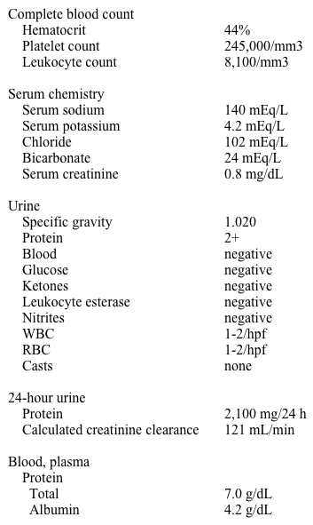 An 18-year-old man comes to the office because a college physical urinalysis indicated that he had proteinuria.  The patient does not recall having a previous urinalysis.  He denies flank pain, hematuria, dysuria, nocturia, edema, urinary frequency, hypertension, or family history of kidney disease.  His review of systems provides no significant information.  He is in excellent health, with the exception of one or two upper respiratory infections per year.  He takes no medications.  He has no known drug allergies.  He does not use tobacco or illicit drugs and rarely drinks alcohol.  He has no history of a sexually transmitted disease and he is not sexually active. His blood pressure is 120/76 mm Hg, pulse is 64/min, and respirations are 12/min.  On examination, he appears healthy.  Cardiovascular, pulmonary, and abdominal examinations show no abnormalities.  He has no edema. The patient's laboratory studies reveal:   Which of the following is the most appropriate course of action? A) HIV testing B) Kidney biopsy C) Kidney CT scan D) Spot urine protein/creatinine ratio upon arising and at the end of the day E) Urinary protein electrophoresis