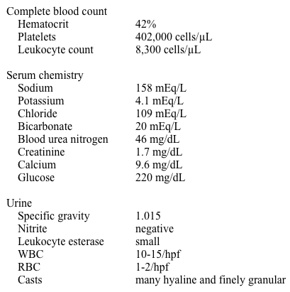 An 80-year-old woman was admitted from a nursing home for progressive lethargy.  She was in her usual state of health until she developed constipation three days ago.  She was given several doses of lactulose and subsequently developed diarrhea that persisted for 24-48 hours.  Since that time, she has refused to leave her bed and has become progressively less responsive. She is known to have significant cognitive impairment, osteoporosis, hypertension, degenerative joint disease, and mild COPD.  She has not taken any medications for two days. Her temperature is 36.5 C (97.7 F) , blood pressure is 90/45 mm Hg, pulse is 115/min, and respirations are 16/min.  She appears lethargic but arousable.  Her mucous membranes are dry and her skin turgor is markedly diminished.  Her neck is supple.  Cardiac, lung, and abdominal examinations reveal no significant findings.  She moves all her extremities well and the deep tendon reflexes are 2+ and symmetric. The patient's labs reveal:   Her EKG shows sinus tachycardia and tall T waves in anterior precordial leads. Which of the following is the best initial therapy for this patient? A) Desmopressin B) Free water supplementation C) Intravenous antibiotics D) Isotonic fluids E) Treatment of hyperglycemia