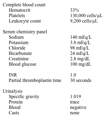 A 60-year-old woman is being evaluated for headache and hypertension.  For the past week, she has felt tired and has had a progressive, generalized headache.  She denies fever, chills, photophobia, or neck stiffness.  Her general health has been good with the exception of 6 months of persistent pains and swelling in both hands.  During this time, her fingers felt puffy and she recently noted some tiny pits appearing on her finger tips.  She is also troubled by heartburn and mild dyspnea with exertion.  She does not smoke or drink alcohol.  She takes calcium, vitamin D, and a multivitamin.  Over the past few days, she has also been taking acetaminophen and ibuprofen. Her blood pressure is 210/111 mm Hg, pulse is 90/min, and respirations are 16/min.  She looks her stated age and appears uncomfortable.  Her ocular fundi reveal no papilledema.  Her neck is supple.  Cardiac and abdominal exams are within normal limits.  She has bibasilar fine end-inspiratory crackles on pulmonary exam.  There are a few small digital fingertip pits. Her laboratory studies are shown below.   Her chest-x ray shows bibasilar reticular fibrosis.  Her peripheral blood smear reveals schistocytes. Which of the following is the best initial treatment for this patient? A) Captopril B) Clonidine C) Metoprolol D) Nifedipine E) Plasmapheresis