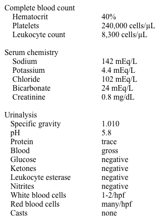 A 22-year-old African American man is evaluated for gross hematuria.  He has had 5 days of grossly bloody urine every time he urinates.  He denies associated flank or abdominal pain, back or abdominal trauma, fever, chills, or dysuria.  There is no family history of either a bleeding disorder or kidney disease.  He had a similar episode one year ago which lasted 5-10 days and resolved spontaneously.  During that time, he had an unremarkable ultrasound of his kidneys.  He has had no recent illnesses and he takes no medications.  He had an uncomplicated knee surgery two years ago for a torn ligament.  He had two girlfriends over the last year, and he used condoms occasionally. He is very muscular with a BMI of 25 kg/m<sup>2</sup>.  His blood pressure is 133/82 mm Hg and pulse is 89 /min.  He has no costovertebral angle tenderness.  Abdominal exam is unremarkable.  Laboratory results are as follows:   Which of the following is most likely to confirm this patient's diagnosis? A) Autoantibodies and complement level B) Coagulation studies C) Cystoscopy D) Hemoglobin electrophoresis E) Renal biopsy