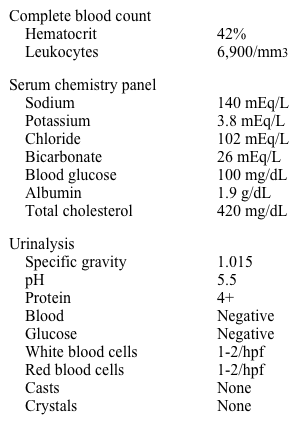 A 40-year-old man seeks evaluation for edema.  Two days ago, he had sudden onset of swelling in his legs.  There was no associated warmth, redness, or tenderness.  The patient had a mild cold a week ago and was taking over-the-counter cold remedies.  He thought the swelling was an allergic reaction that would go away, but it has not.  His past medical history is unremarkable.  The patient does not use tobacco, alcohol, or illicit drugs.  He takes no prescription or over-the-counter medications.  There is no family history of kidney disease. The patient's temperature is 36.7 C (98.1 F) , blood pressure is 120/70 mm Hg, and pulse is 78/min.  He has 3+ pitting edema to the mid-thigh bilaterally.  Otherwise, his physical examination is unremarkable. Laboratory results are as follows:   Which of the following diagnoses is most likely to be made with renal biopsy? A) Allergic interstitial nephritis B) IgA nephropathy C) Membranoproliferative glomerulonephritis D) Minimal change disease E) Postinfectious glomerulonephritis