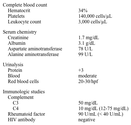 A 43-year-old man comes to the physician because of weakness and arthralgias for the last four months.  He also has a pruritic rash on his legs that appeared two months ago.  He denies fever or chills and his weight has been stable. His blood pressure is 140/90 mm Hg and pulse is 84/min.  A rash is present on both lower extremities below the knees that consist of many erythematous macules. Laboratory results are as follows:   Which of the following would be most helpful in establishing the diagnosis in this patient? A) Anti-phospholipid antibodies B) Bone marrow biopsy C) Serum protein electrophoresis D) Urine toxicology screen E) Viral hepatitis serologies