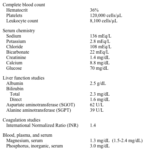 A 49-year-old alcoholic man is admitted for diarrhea and generalized abdominal pain.  His blood pressure is 134/80 mm Hg, pulse is 90/min, respirations are 16/min, and oxygen saturation is 97% on room air.  He is disheveled and looks chronically ill.  He is oriented to person and place.  His mucous membranes are dry.  His abdomen is soft and mildly tender in the epigastric region.  He has no focal neurologic findings. An electrocardiogram and chest x-ray is unremarkable.  Stool samples are sent for culture and microscopic examination. Laboratory results are as follows:   He is given thiamine and a multivitamin intravenously along with three liters of normal saline with 5% dextrose.  He also receives intravenous potassium and magnesium supplementation.  Thirty-six hours after admission, he complains of severe weakness.  His oxygenation has decreased and he appears agitated. Repeat laboratory results are as follows:   Which of the following is the most likely cause of this patient's new-onset weakness? A) Alcohol withdrawal B) Hypomagnesemia C) Hypophosphatemia D) Rhabdomyolysis E) Wernicke's encephalopathy