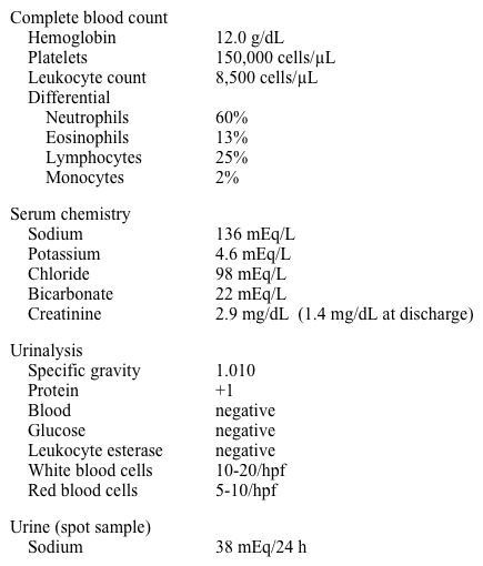 An 80-year-old man comes to the physician because of a skin rash on his legs.  He also complains of mild fatigue and a poor energy level.  He denies chest pain/pressure, orthopnea, or dyspnea with exertion.  Two weeks ago, he underwent coronary arteriography for unstable angina and had a stent placed in his right coronary artery.  His subsequent hospital course was uncomplicated.  His other medical problems include hyperlipidemia, type 2 diabetes mellitus, hypertension, and mild cognitive impairment.  His current medications include low-dose aspirin, benazepril, atenolol, clopidogrel, hydrochlorothiazide, rosuvastatin, and glipizide.  Clopidogrel was added after the stent placement. His blood pressure is 144/82 mm Hg and pulse is 72/min.  His lungs are clear on auscultation.  There is a mottled, lace-like, purplish discoloration of both lower extremities from the mid-thigh downward.  His pulses are 1+ bilaterally over the distal lower extremities. Laboratory results are as follows:   Which of the following is the most likely diagnosis? A) Acute interstitial nephritis B) Acute kidney injury due to angiotensin converting enzyme inhibitor C) Atheroembolic disease D) Pre-renal acute kidney injury E) Radiocontrast nephropathy