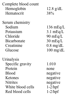 A 37-year-old woman is evaluated for generalized weakness.  She has been hospitalized twice over the last year with similar complaints and her serum potassium concentration was found to be < 3.0 mEq/L.  Her potassium concentration returned to normal with aggressive potassium replacement.  She eats a normal diet and denies vomiting, purging, and cathartic or diuretic use.  Her blood pressure is within normal limits.  Her only medication is an oral contraceptive.  Her review of systems is otherwise unremarkable.  Her sister suffers from Crohn's disease and her mother has congestive heart failure, diabetes mellitus, and bipolar disorder. Her blood pressure is 112/68 mm Hg and her pulse is 90/min.  Her BMI is 22 kg/m<sup>2</sup>.  Physical examination is normal. Laboratory studies are shown below:   Spot urinary chloride concentrations on two separate occasions were 15 and 65 mEq/L. Which of the following is most likely to establish diagnosis in this patient? A) CT angiography of renal arteries B) Colonoscopy C) Plasma aldosterone and renin levels D) Serum insulin and C-peptide levels E) Urine screen for diuretics