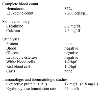 A 40-year-old woman is referred for evaluation of chronic kidney disease (CKD) .  She has a two-year history of intermittent back, bilateral flank, and central abdominal pain.  She has lost approximately 15 lbs (6.8 kg)  and is easily fatigued.  She had an episode of deep venous thrombosis one year ago that has not recurred.  She has noticed mild bilateral pedal edema.  She works in an office and denies using tobacco or illicit drugs.  Up until two years ago, she felt well and is unaware of any chronic medical problems.  Her current medications include over-the-counter acetaminophen and ibuprofen for pain control. Her examination is unremarkable except for diffuse mild abdominal tenderness and bilateral, 2+, brawny lower extremity edema. Laboratory results are as follows:   On renal ultrasound, both kidneys measure 12.5 cm (normal 9-12 cm) .  There is bilateral clubbing and mild-to-moderate dilation of the calices without dilation of the mid or distal ureters. Which of the following is the most likely diagnosis? A) Cervical cancer with spread into the broad ligament B) Chronic glomerulonephritis C) Chronic interstitial nephritis D) Renal tuberculosis E) Retroperitoneal fibrosis