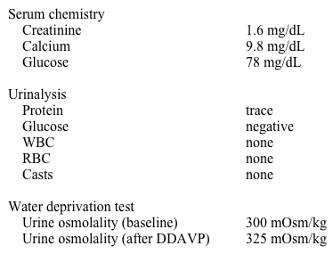 A 45-year-old woman comes to the physician because of frequent urination for the last six months.  She states that she has been waking up several times at night to urinate.  These symptoms also disrupt her professional work schedule.  She has been taking lithium to treat a mood disorder for the past 5 years.  She has tried many other drugs for her mood disorder, but none have been as successful as lithium.  She is adherent to her treatment and has her lithium level measured regularly.  She had one episode of mild lithium toxicity two years ago. Her physical examination is unremarkable. Laboratory results are as follows:   Which of the following would be the best initial treatment for this patient? A) Amiloride B) DDAVP C) Fluid restriction D) High dietary solute intake E) NSAIDs