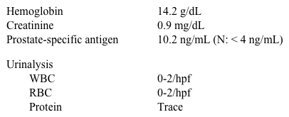 A 60-year-old man with a past medical history of hypertension comes to the physician complaining of urinary symptoms.  Over the last 6 months, he has had a decreased urinary stream and an occasional uncomfortable sensation while urinating.  He awakens once a night to urinate but sometimes feels that he needs to go again.  The symptoms do not bother him much at this point, but he is afraid that they may worsen.  He has no family history of prostate problems.  He has no fever, malaise, back pain, cloudy urine, or blood in the urine. Digital rectal examination shows a moderately enlarged and rubbery prostate.  The remainder of the physical examination is unremarkable. Laboratory results are as follows:   Which of the following is the best next step in managing this patient? A) 5-alpha-reductase inhibitor B) Alpha-1-adrenergic antagonist C) Re-evaluation in 3-6 months D) Referral to urologist E) Renal ultrasound