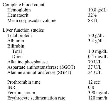 A 70-year-old man comes to the physician due to generalized weakness and headaches.  He has also had intermittent episodes of blurry vision and a 6.8-kg (15-lb)  weight loss over the past 3 months.  His other medical problems include hypertension, congestive heart failure, type 2 diabetes mellitus, and hypercholesterolemia.  The patient underwent coronary artery bypass surgery for triple-vessel disease 4 years ago.  His medications include insulin detemir, ramipril, simvastatin, low-dose aspirin, metoprolol, furosemide, and naproxen as needed for headaches. The patient's temperature is 37.2 C (99 F) , blood pressure is 140/90 mm Hg, and pulse is 73/min.  Eye examination is normal.  He has decreased breath sounds at the left lung base.  The liver edge is palpable at the costal margin.  There is no adenopathy.  There is trace peripheral edema bilaterally.  The prostate is mildly enlarged, soft, and nontender on rectal examination.  Fecal occult blood testing is negative. Laboratory results are as follows:   Chest x-ray reveals cardiomegaly and a left-sided pleural effusion <1 cm.  Which of the following is the most appropriate next step in management of this patient? A) Glucocorticoids B) Hemochromatosis gene testing C) Prostate-specific antigen test and bone scan D) Thoracentesis E) Triple-phase abdominal CT