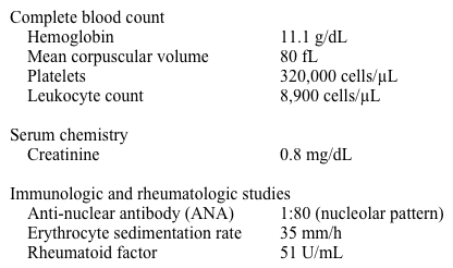 A 32-year-old woman comes to the physician because of hand pain and swelling that lasts several hours every morning.  She has not felt well since  getting the flu  two weeks ago from her two children (ages 4 and 6) .  She initially had a sore throat and fever without rash, cough, dysuria, or diarrhea.  She works as a flight attendant and travels extensively, but has been on medical leave for the past two weeks due to her illness.  She is in a monogamous relationship and uses a barrier method for contraception.  She does not smoke, but she drinks alcohol occasionally. Her vital signs are within normal limits.  There are no skin rashes.  Oropharyngeal examination shows mild tonsillar swelling and normal appearing pharyngeal mucosa.  Several 0.5 cm non-tender lymph nodes are palpable in the anterior cervical region.  Auscultation of the heart and lungs is normal.  There is no hepatosplenomegaly.  The small joints of her hands and wrists are swollen and tender.  She is unable to flex or extend her wrists or make a fist due to the pain and swelling.  She has normal range of motion without swelling in both knees, ankles, shoulders, and feet. Laboratory results are as follows:   Which of the following is the most likely diagnosis? A) Acute rheumatic fever B) Infectious mononucleosis C) Parvovirus infection D) Rheumatoid arthritis E) Systemic lupus erythematosus