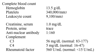 A 52-year-old man comes to the physician with a week of pain and discoloration of his fingers.  He has had profound fatigue and diffuse arthralgias for the past 6 months.  He denies weight loss, fever, chills, hematuria, cough, hemoptysis, or shortness of breath.  He has a history of asthma, intravenous drug abuse, depression, and peptic ulcer disease.  He smoked 2 packs per day for 20 years but quit 10 years ago.  He drinks occasionally but has not used intravenous recreational drugs for more than 10 years.  He works as an auto mechanic. On examination, the right hand appears as shown below.  The remainder of the physical examination is unremarkable.   Laboratory results are as follows:   Chest x-ray shows no infiltrates or cardiomegaly. Which of the following is the most likely diagnosis? A) Buerger's disease B) Cholesterol emboli syndrome C) Churg-Strauss syndrome D) Hepatitis C infection E) Primary Raynaud's phenomenon