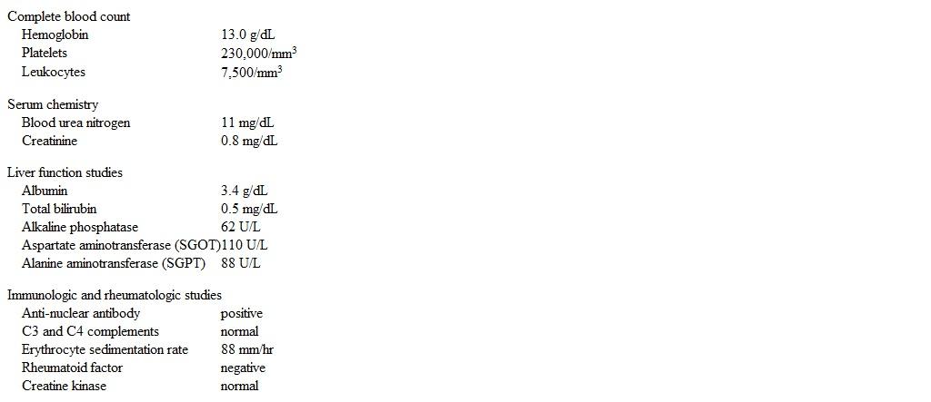A 25-year-old woman comes to the office to be evaluated for arthritis.  The patient has had 3 months of pain and swelling of the metacarpophalangeal (MCP)  and proximal interphalangeal (PIP)  joints of the hands and the metatarsophalangeal (MTP)  joints.  She feels stiffness in her hand joints upon awakening in the morning that lasts approximately 2 hours.  The patient has also had fatigue and decreased appetite.  She has a history of severe acne but has had no cardiac or pulmonary problems.  The patient's only medication is minocycline, which she began taking 6 months ago.  She does not use tobacco, alcohol, or illicit drugs. Temperature is 37.2 C (99 F) , blood pressure is 122/70 mm Hg, and pulse is 89/min.  Skin examination is notable for an erythematous rash on sun-exposed areas.  Cardiopulmonary auscultation is normal.  There is swelling and tenderness of the MCP, PIP, and MTP joints.  Trace effusions are present in the elbows.  The remainder of the examination, including testing for muscle strength, is within normal limits. Laboratory results are as follows:   Chest x-ray is normal. Which of the following is the most likely diagnosis in this patient? A) Adult-onset Still disease B) Dermatomyositis C) Diffuse systemic sclerosis D) Drug-induced lupus erythematosus E) Seronegative rheumatoid arthritis