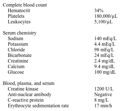 A 70-year-old man comes to the physician with muscle pains and weakness over the last several weeks.  He now has difficulty getting up from a chair and climbing stairs.  He has no fever, weight loss, vision changes, or shortness of breath. The patient's other medical problems include hyperlipidemia, gout, hypertension, chronic kidney disease, and degenerative joint disease of the hips and knees.  His medications include lisinopril, allopurinol, colchicine, atorvastatin, and acetaminophen. Vital signs are within normal limits.  Examination shows some tenderness to palpation of his thighs and weakness of both thighs to extension and flexion.  Deep-tendon reflexes are symmetrically diminished at the patellar tendons and absent at the Achilles tendons.  Peripheral pulses are normal. Laboratory results are as follows:   Electromyogram shows slowed sensory and motor nerve conduction velocities and small-amplitude, short-duration polyphasic waves. A quadriceps muscle biopsy demonstrates widespread cytoplasmic vacuolization but no inflammation. What is the most likely explanation for this patient's symptoms? A) Atorvastatin B) Colchicine C) Diabetic amyotrophy D) Hypothyroidism E) Polymyositis