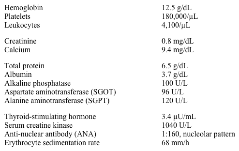 A 65-year-old woman comes to the physician with a rash on her hands for the past 2 weeks.  Two months ago she developed a rash on her face and forearms while vacationing at a beach resort.  Her review of systems is positive for recent onset weakness of the shoulders and hips.  She has no dysphagia, shortness of breath, fever, chills, or weight loss.  She is a lifetime nonsmoker. Her temperature is 37.2 C (99 F) , blood pressure is 134/82 mm Hg, pulse is 75/min, and respirations are 14/min.  Her BMI is 21 kg/m<sup>2</sup>.  Cardiopulmonary examination is within normal limits.  There is no hepatosplenomegaly.  Range of motion of the spine is normal and without pain, scoliosis, or excessive kyphosis of the back.  Upper and lower limb deep-tendon reflexes are 2+.  She has difficulty rising from a chair.  Muscle strength is 4/5 in both upper and lower extremities. Laboratory results are as follows:   The rash is shown in the photograph.   This patient would require which of the following? A) Anti dsDNA antibodies testing B) Cancer screening C) Dilated funduscopic examination D) Liver biopsy E) Trial of low-dose prednisone