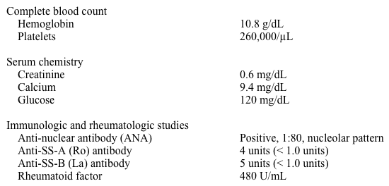 A 65-year-old woman comes to the physician to establish care.  She reports a 10-year history of dry eyes and mouth that she has managed with over-the-counter artificial tear and saliva products.  The patient has had intermittent painless swelling of her parotid glands for the past 3 years.  She also complains of occasional joint pain relieved by ibuprofen.  She does not use tobacco, alcohol, or illicit drugs. Her temperature is 37.2° C (99° F) , blood pressure is 142/92 mm Hg, and pulse is 78/min.  Physical examination shows several mildly enlarged, nontender, mobile cervical and supraclavicular lymph nodes.  Conjunctivae appear dry.  Oral mucosa is dry with atrophic glossitis.  Severe dental caries are noted as are several missing teeth.  The left parotid gland is enlarged and hard to the touch but is nontender.  There is no joint swelling or deformity.  The remainder of the physical examination is within normal limits. Laboratory results are as follows:   Which of the following is the most likely cause of the enlarged parotid gland? A) B-cell lymphoma B) Hepatitis C virus infection C) Impacted sialolith D) Pleomorphic adenoma E) Rheumatoid arthritis